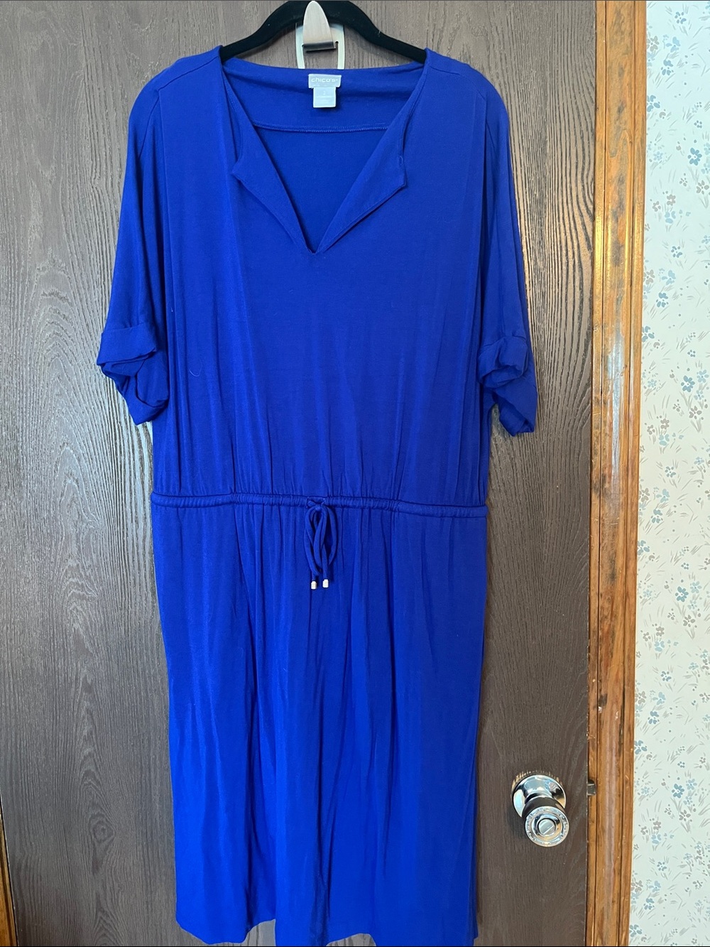 Chico's V-Neck Drawstring Midi Dress in Cobalt Blue